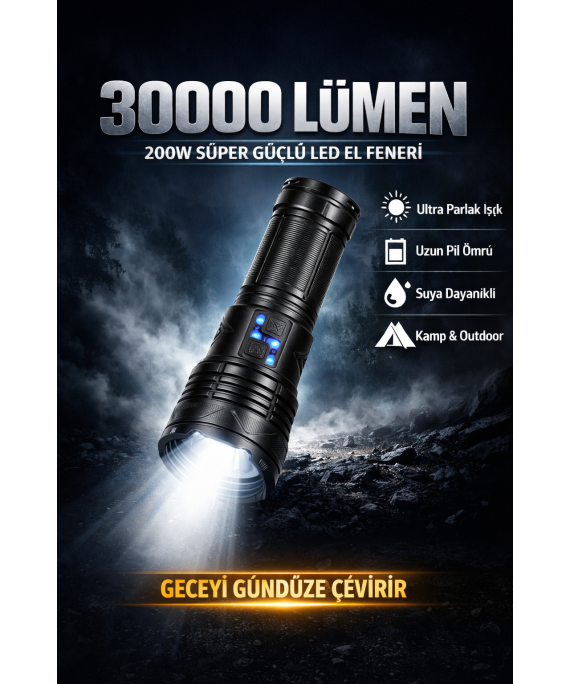 PeakStar PS-1998 Ultra Parlak Su Geçirmez Zoomlu Güçlü 200w 30000 Lümen Şarjlı Bekçi Avcı Kamp El Feneri