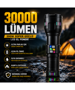 PeakStar PS-2003 Ultra Parlak Su Geçirmez Zoomlu Güçlü 200w 30000 Lümen Şarjlı Bekçi Avcı Kamp El Feneri PeakStar PS-2003 Ultra Parlak Su Geçirmez Zoomlu Güçlü 200w 30000 Lümen Şarjlı Bekçi Avcı Kamp El Feneri